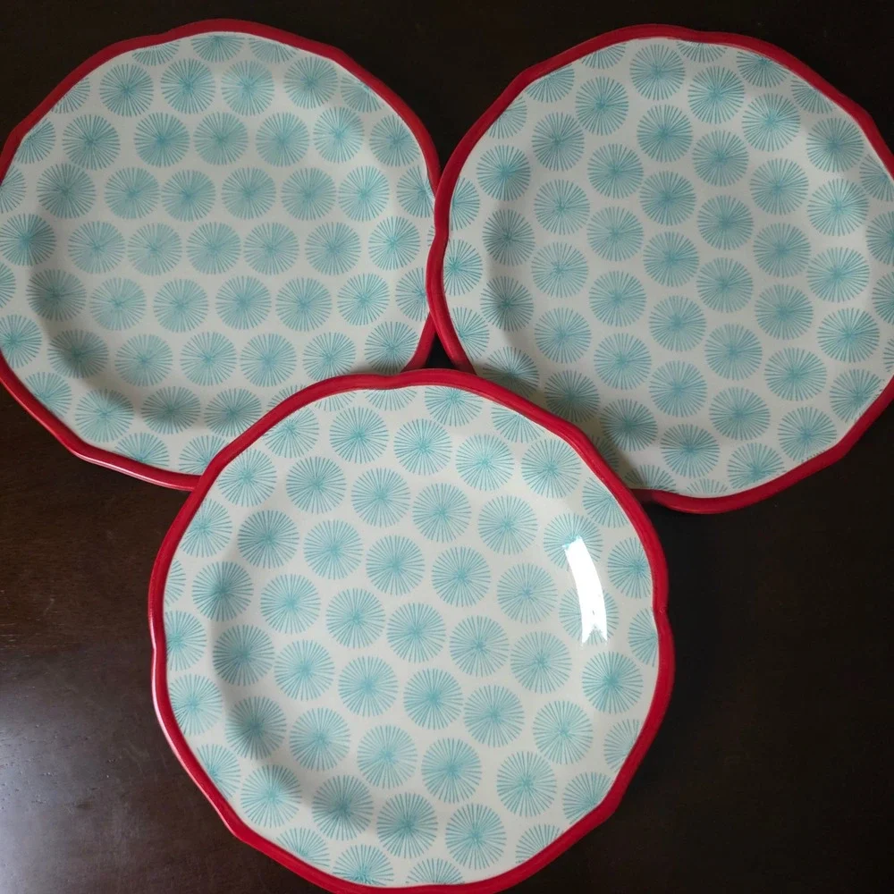 Pioneer Woman Happiness Teal Red Salad Plates Set of 3 Scalloped Edge 8.5in